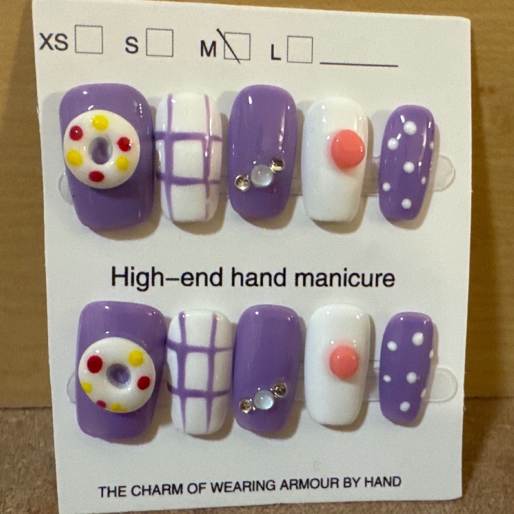 Purple White 3D Donut Plaid Rhinestone Press On Nails Medium Square Set